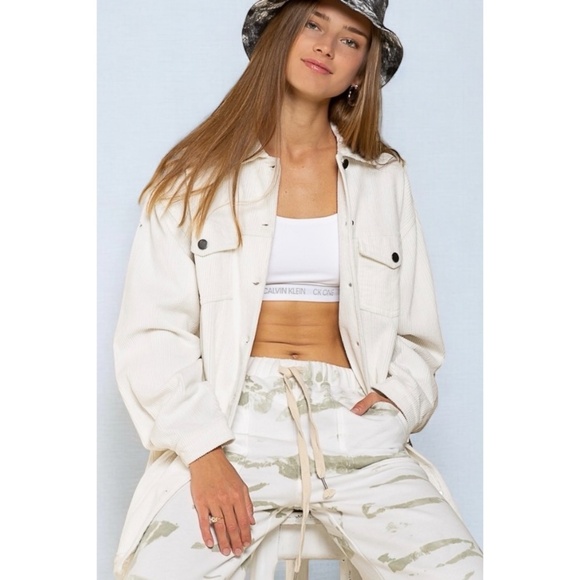 POL White Corduroy Distressed Hem Long Boyfriend Jacket - Picture 2 of 6